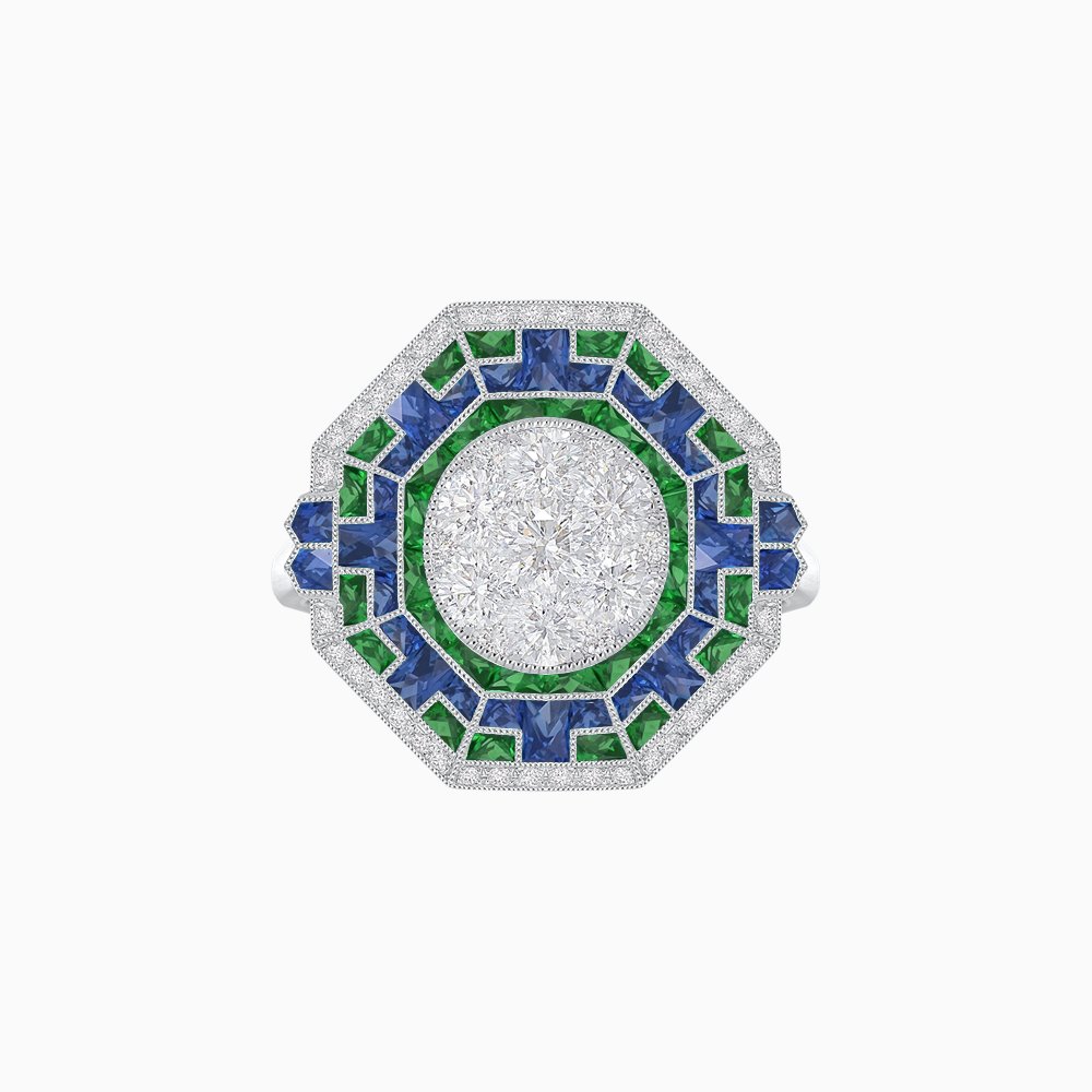 Art Deco Geometric Calibre French Cut Gemstone in Illusion Diamond Ring - Shahin Jewelry