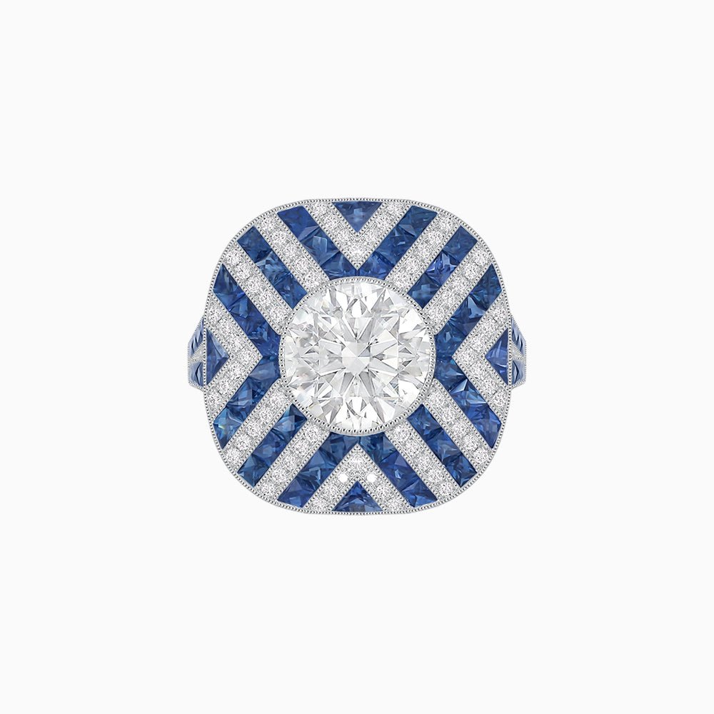 Art Deco Geometric Cocktail Ring Mounting – Blue Sapphire & Diamond Accent - Shahin Jewelry