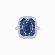 Art Deco Inspired 18K White Gold Ring with Oval and French - Cut Blue Sapphires - Shahin Jewelry