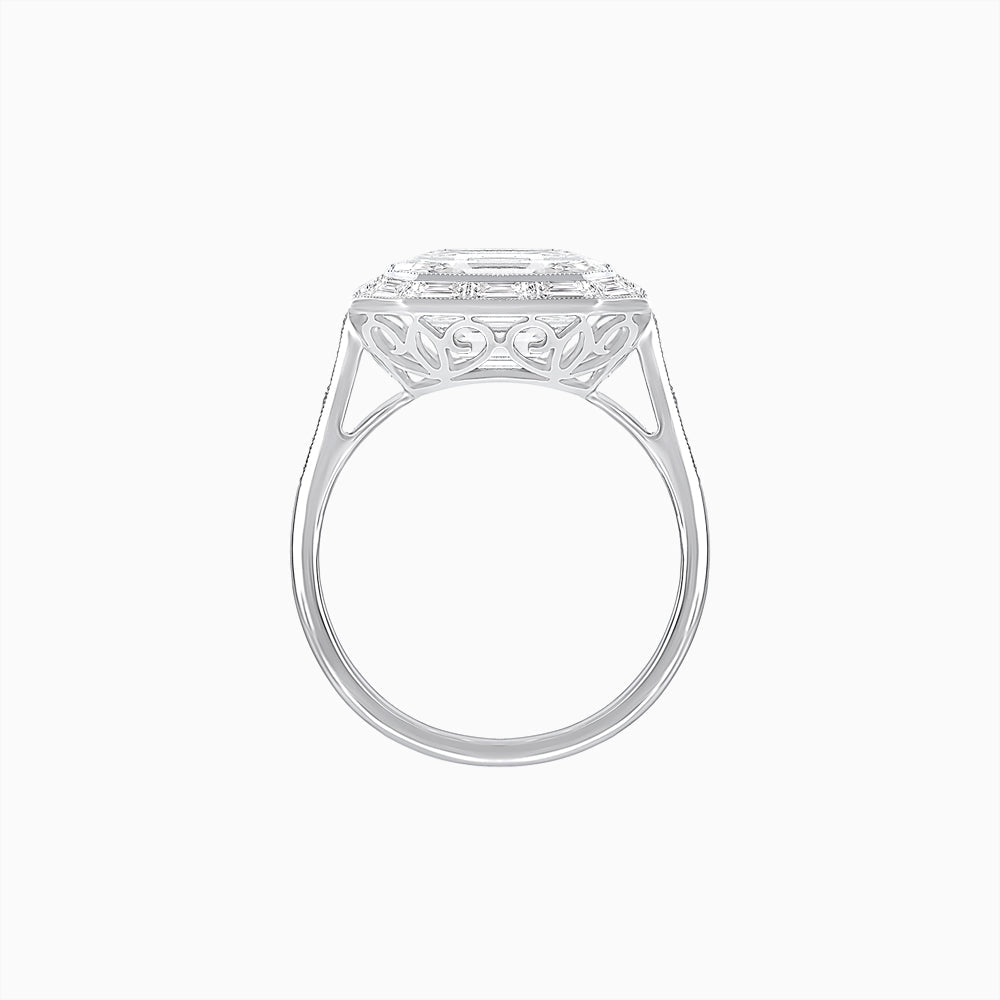 Art Deco Inspired Asscher Cut Ring with Baguette Diamond Halo - Shahin Jewelry