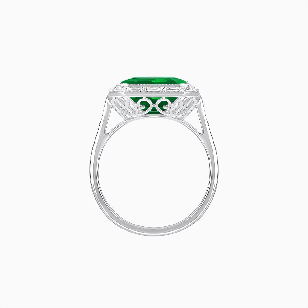 Art Deco Inspired Asscher Cut Ring with Baguette Diamond Halo - Shahin Jewelry