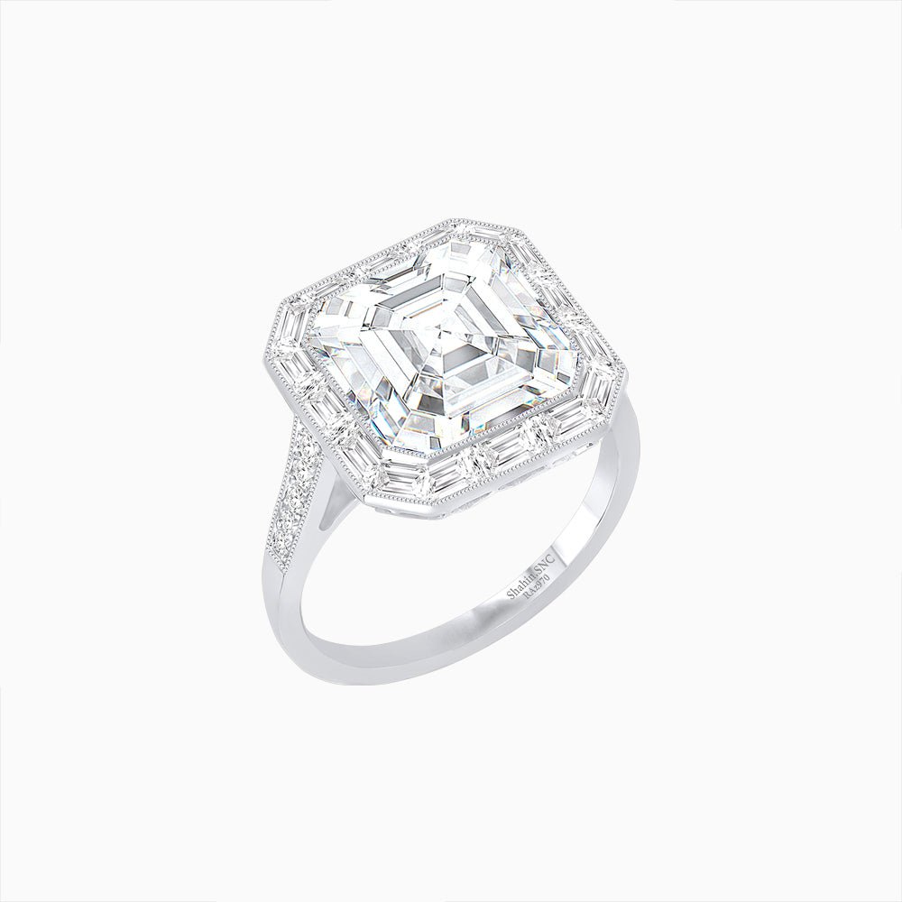 Art Deco Inspired Asscher Cut Ring with Baguette Diamond Halo - Shahin Jewelry