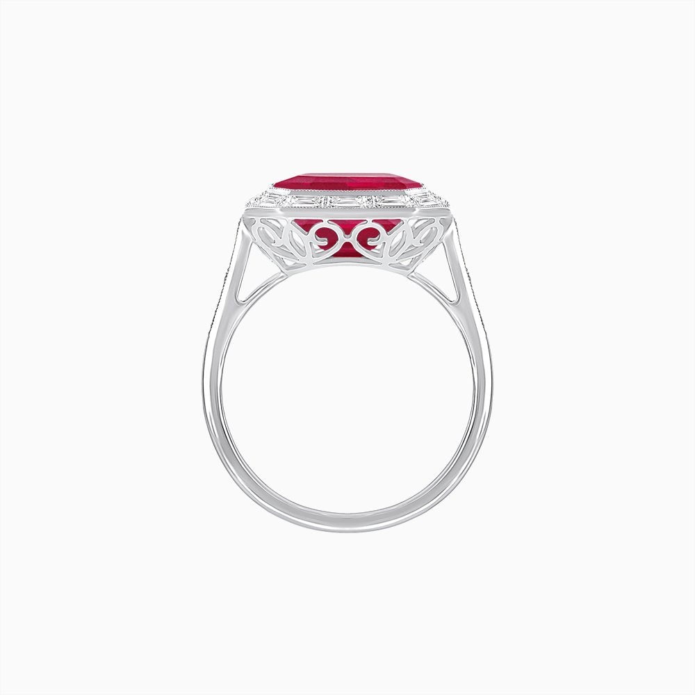 Art Deco Inspired Asscher Cut Ring with Baguette Diamond Halo - Shahin Jewelry