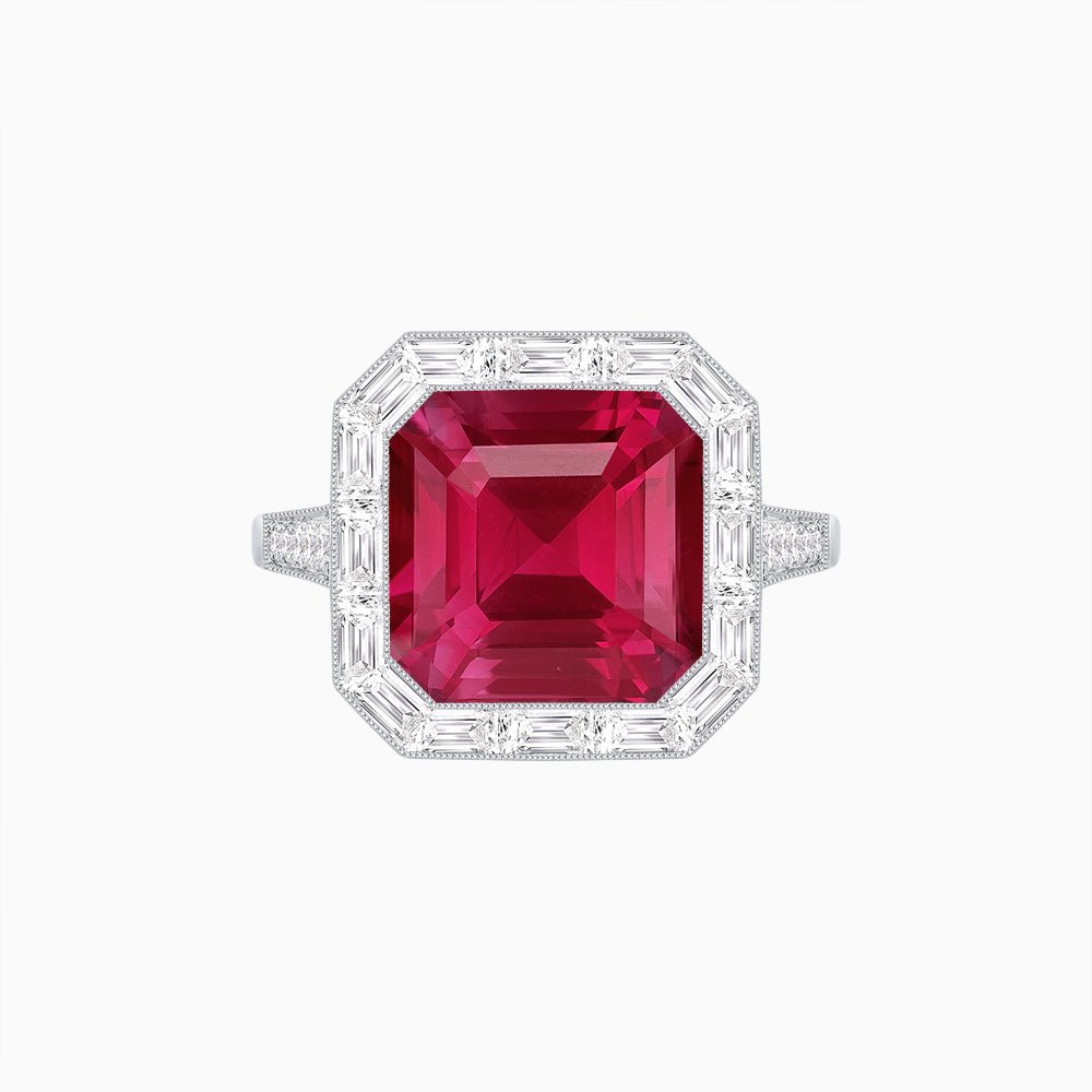 Art Deco Inspired Asscher Cut Ring with Baguette Diamond Halo - Shahin Jewelry