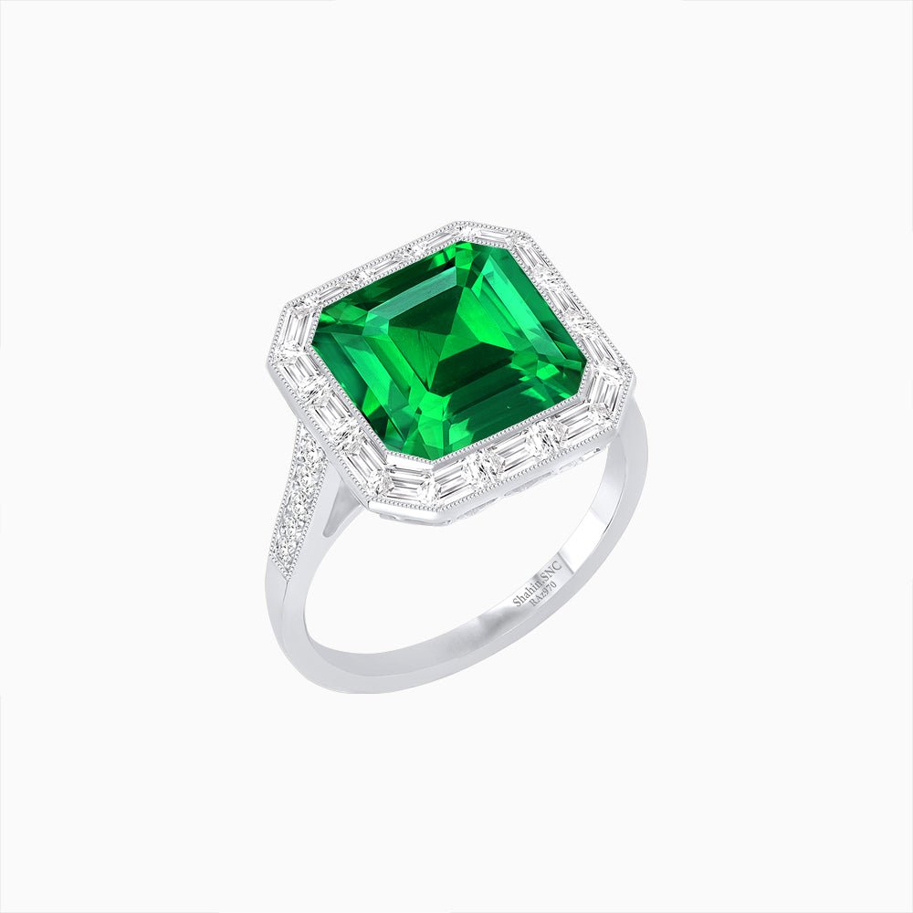 Art Deco Inspired Asscher Cut Ring with Baguette Diamond Halo - Shahin Jewelry