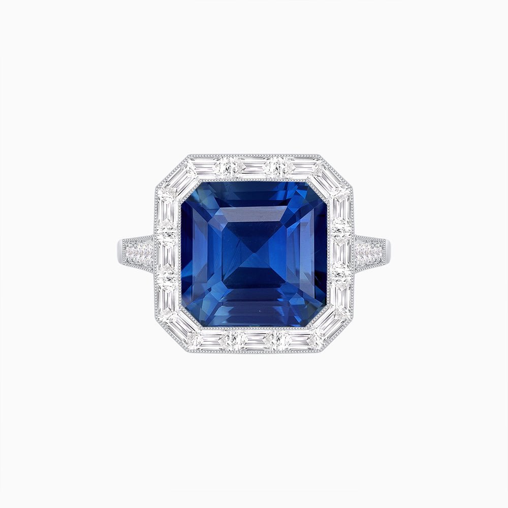 Art Deco Inspired Asscher Cut Ring with Baguette Diamond Halo - Shahin Jewelry