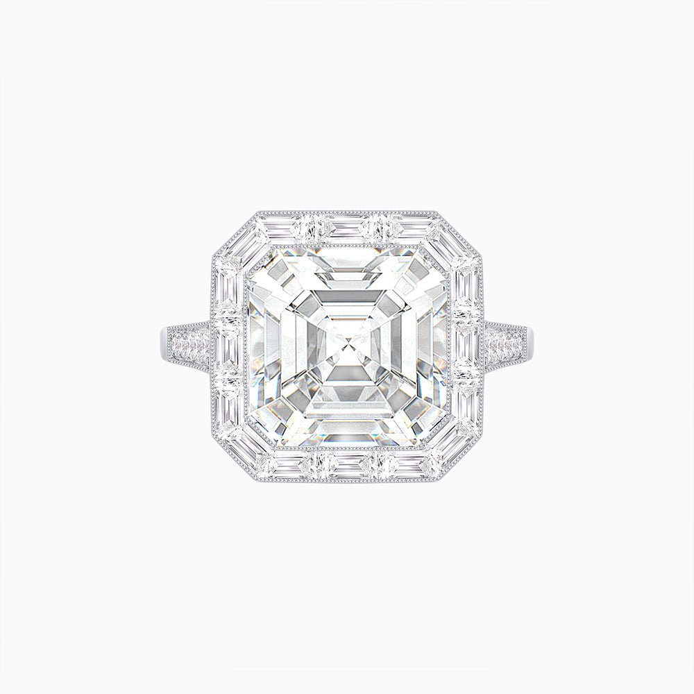 Art Deco Inspired Asscher Cut Ring with Baguette Diamond Halo - Shahin Jewelry