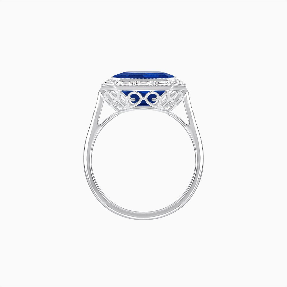Art Deco Inspired Asscher Cut Ring with Baguette Diamond Halo - Shahin Jewelry