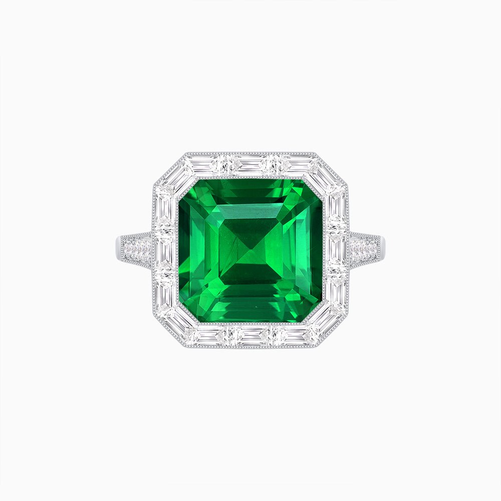 Art Deco Inspired Asscher Cut Ring with Baguette Diamond Halo - Shahin Jewelry