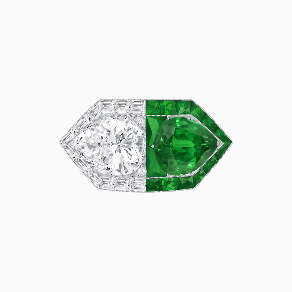 Art Deco Inspired Asymmetrical Two-Stone Ring with Pear-Cut Diamond and Gemstone - Shahin Jewelry