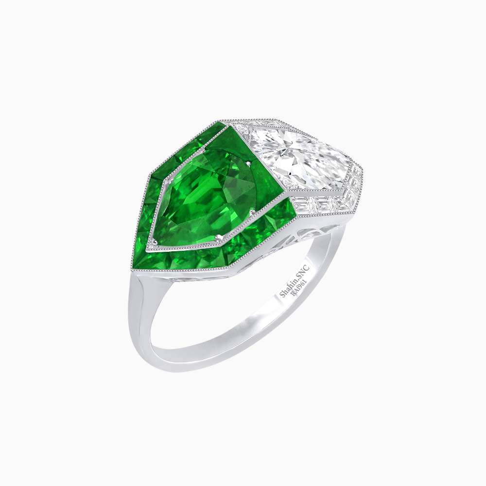 Art Deco Inspired Asymmetrical Two-Stone Ring with Pear-Cut Diamond and Gemstone - Shahin Jewelry