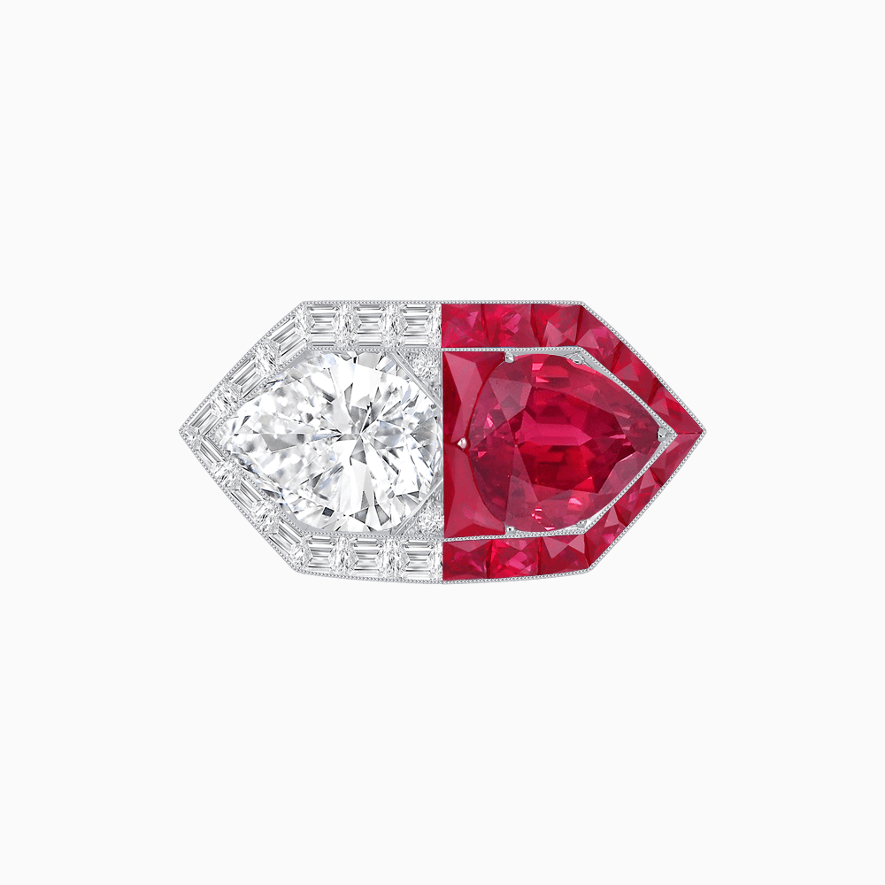 Art Deco Inspired Asymmetrical Two-Stone Ring with Pear-Cut Diamond and Gemstone - Shahin Jewelry