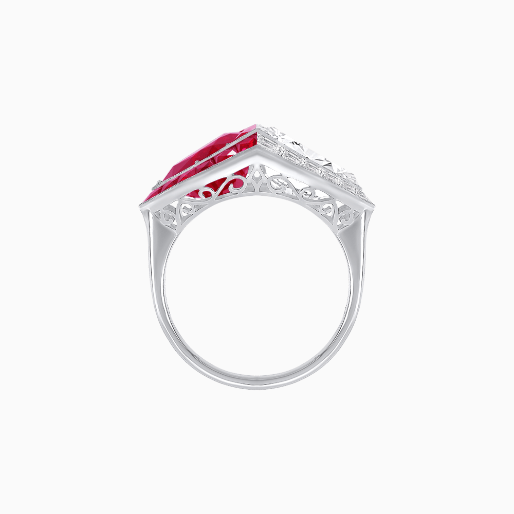 Art Deco Inspired Asymmetrical Two-Stone Ring with Pear-Cut Diamond and Gemstone - Shahin Jewelry