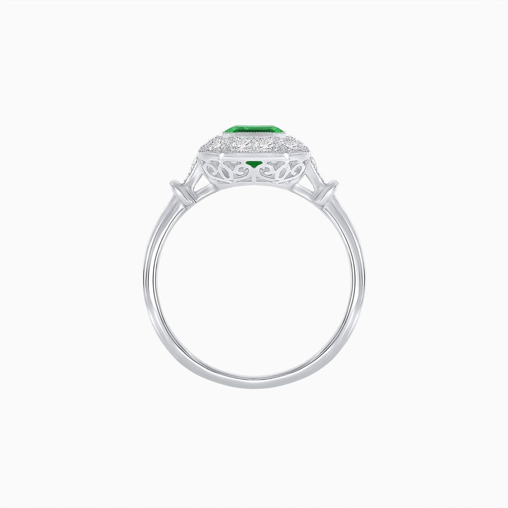 Art Deco Inspired Bezel-Set Emerald Cut Octagonal Halo Ring - Shahin Jewelry