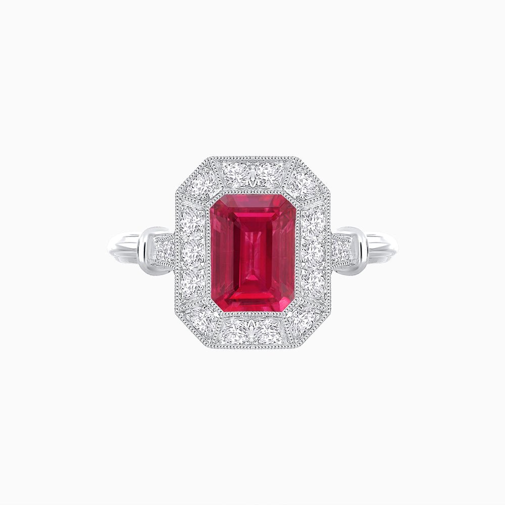 Art Deco Inspired Bezel-Set Emerald Cut Octagonal Halo Ring - Shahin Jewelry