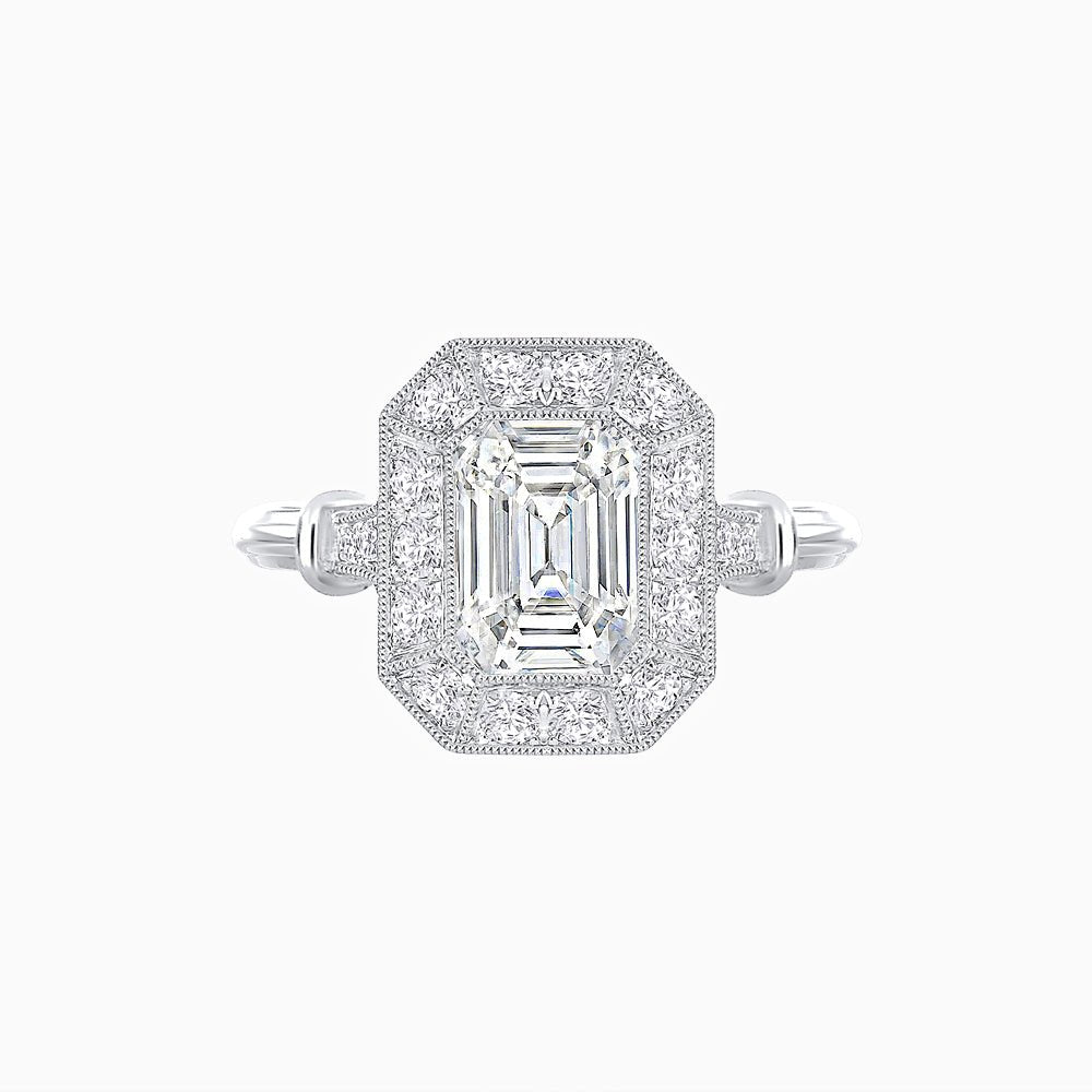 Art Deco Inspired Bezel-Set Emerald Cut Octagonal Halo Ring - Shahin Jewelry