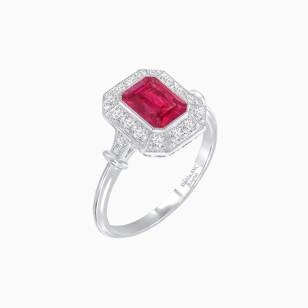Art Deco Inspired Bezel-Set Emerald Cut Octagonal Halo Ring - Shahin Jewelry