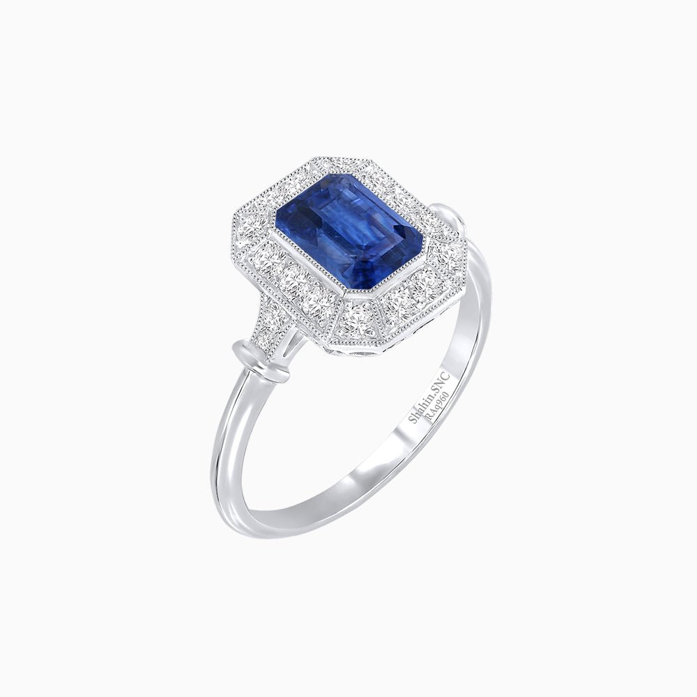 Art Deco Inspired Bezel-Set Emerald Cut Octagonal Halo Ring - Shahin Jewelry