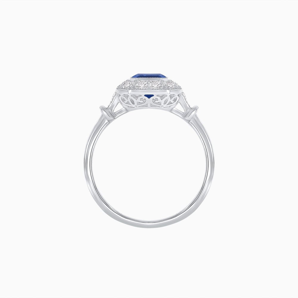 Art Deco Inspired Bezel-Set Emerald Cut Octagonal Halo Ring - Shahin Jewelry