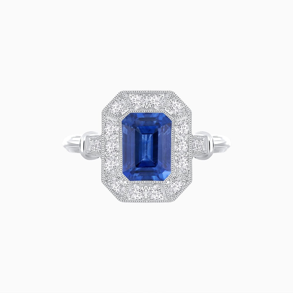Art Deco Inspired Bezel-Set Emerald Cut Octagonal Halo Ring - Shahin Jewelry