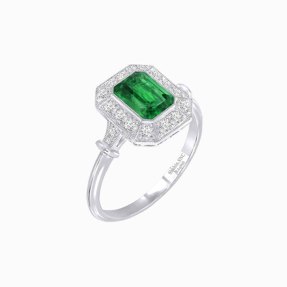 Art Deco Inspired Bezel-Set Emerald Cut Octagonal Halo Ring - Shahin Jewelry