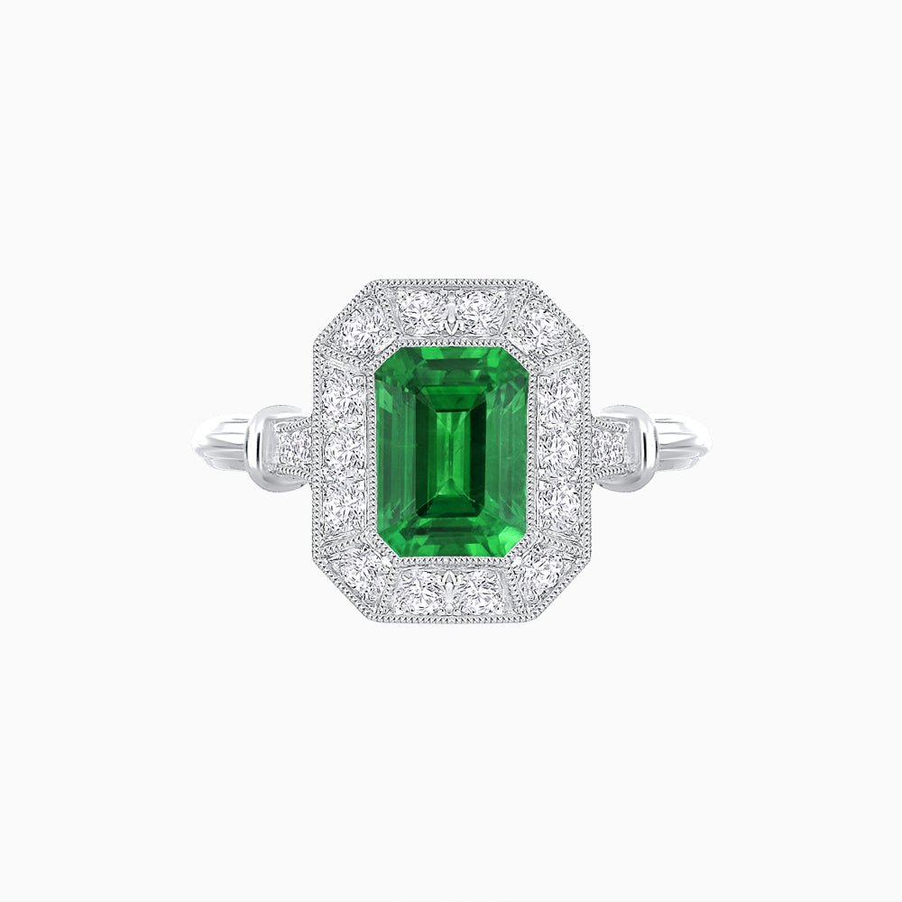 Art Deco Inspired Bezel-Set Emerald Cut Octagonal Halo Ring - Shahin Jewelry