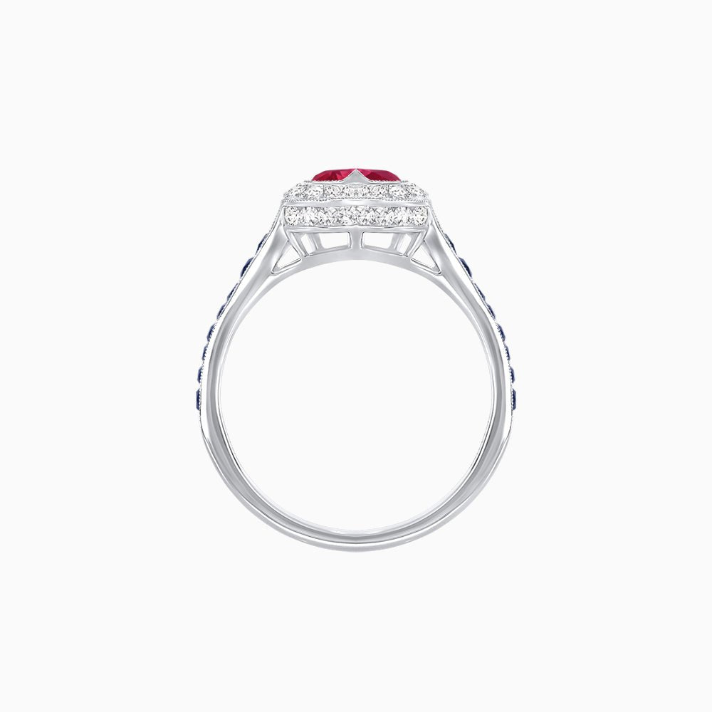 Art Deco Inspired Bezel-Set Heart Halo Ring with Calibré Gemstone Shoulders - Shahin Jewelry