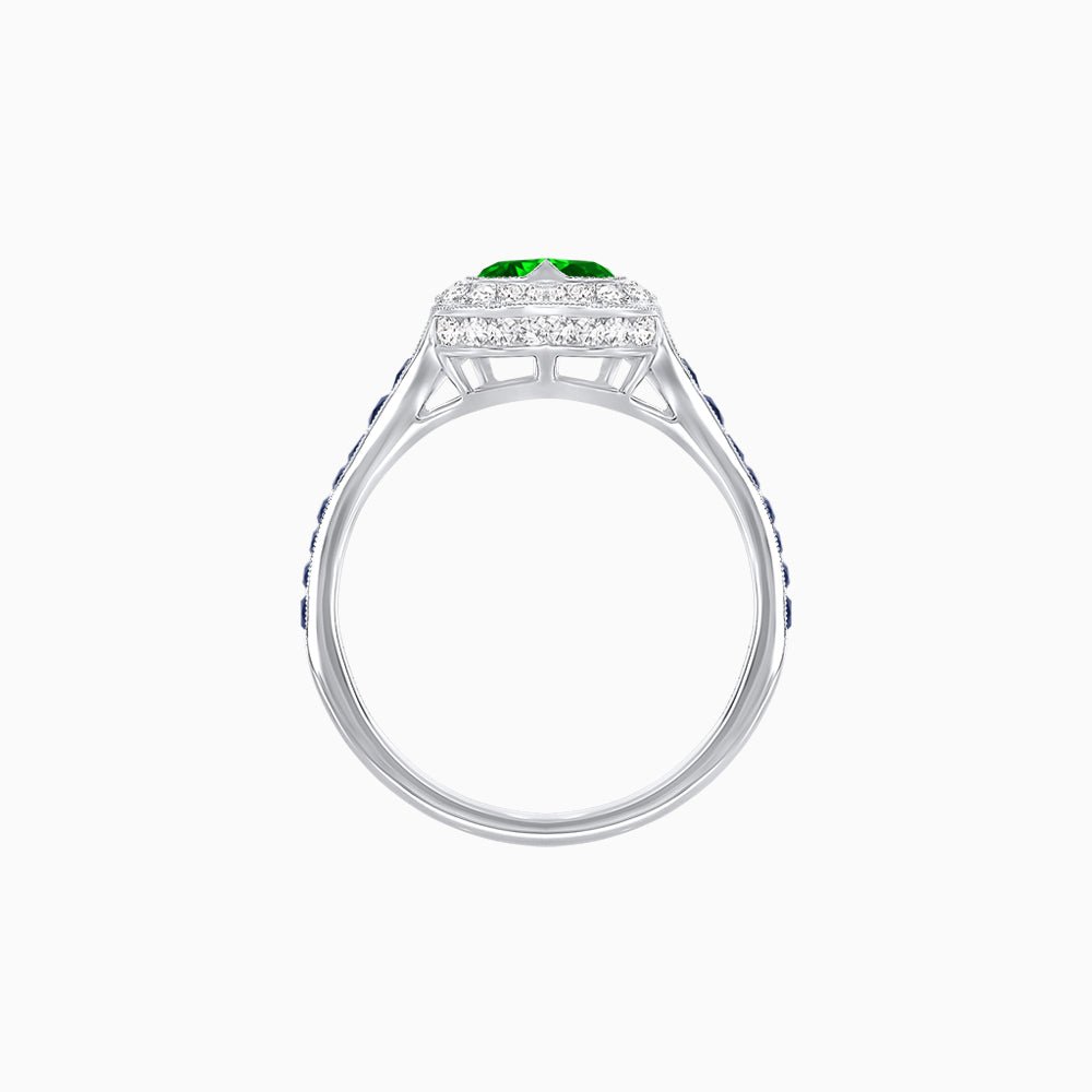 Art Deco Inspired Bezel-Set Heart Halo Ring with Calibré Gemstone Shoulders - Shahin Jewelry