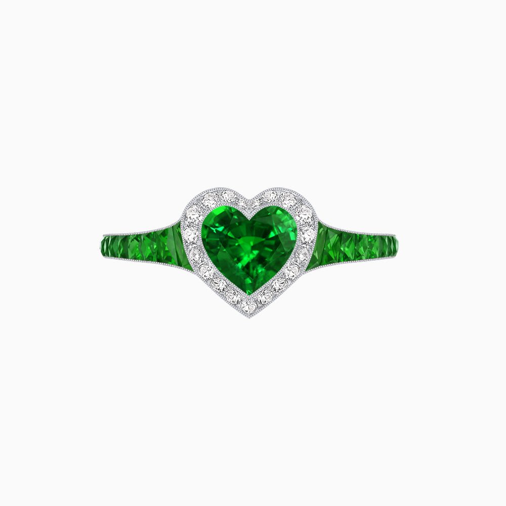 Art Deco Inspired Bezel-Set Heart Halo Ring with Calibré Gemstone Shoulders - Shahin Jewelry