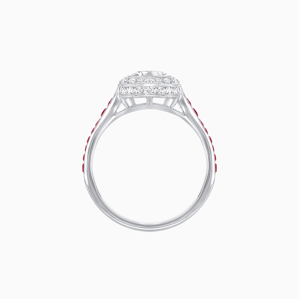 Art Deco Inspired Bezel-Set Heart Halo Ring with Calibré Gemstone Shoulders - Shahin Jewelry