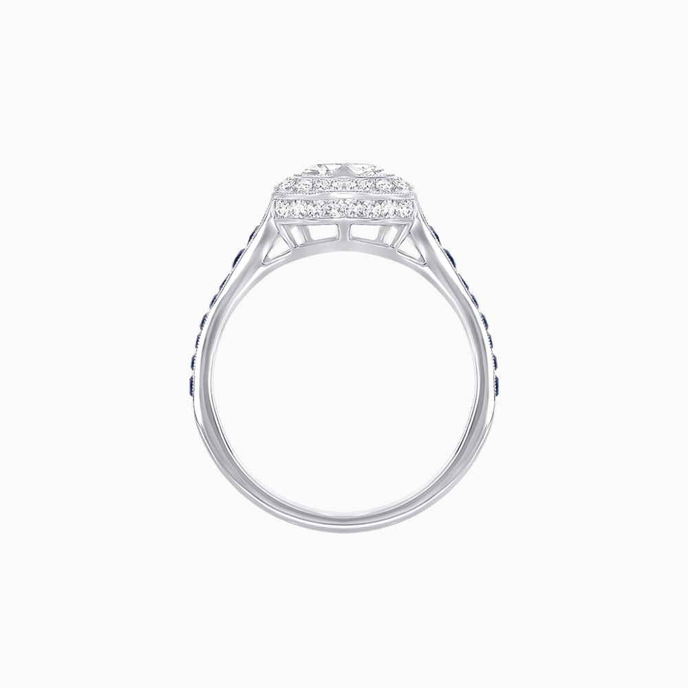 Art Deco Inspired Bezel-Set Heart Halo Ring with Calibré Gemstone Shoulders - Shahin Jewelry