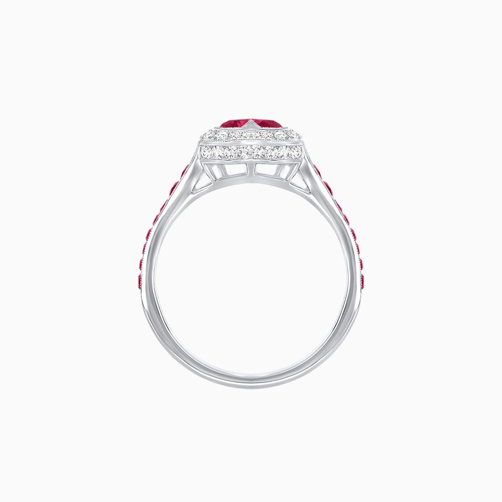 Art Deco Inspired Bezel-Set Heart Halo Ring with Calibré Gemstone Shoulders - Shahin Jewelry