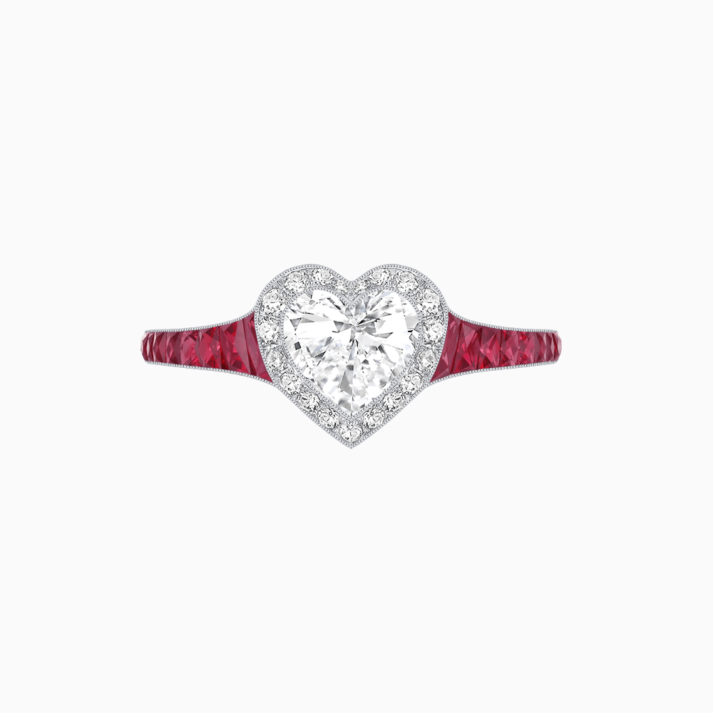 Art Deco Inspired Bezel-Set Heart Halo Ring with Calibré Gemstone Shoulders - Shahin Jewelry