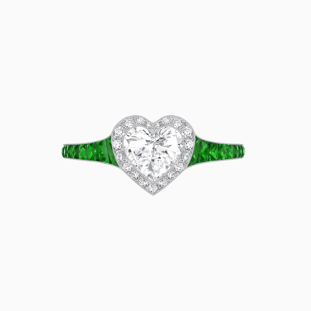 Art Deco Inspired Bezel-Set Heart Halo Ring with Calibré Gemstone Shoulders - Shahin Jewelry