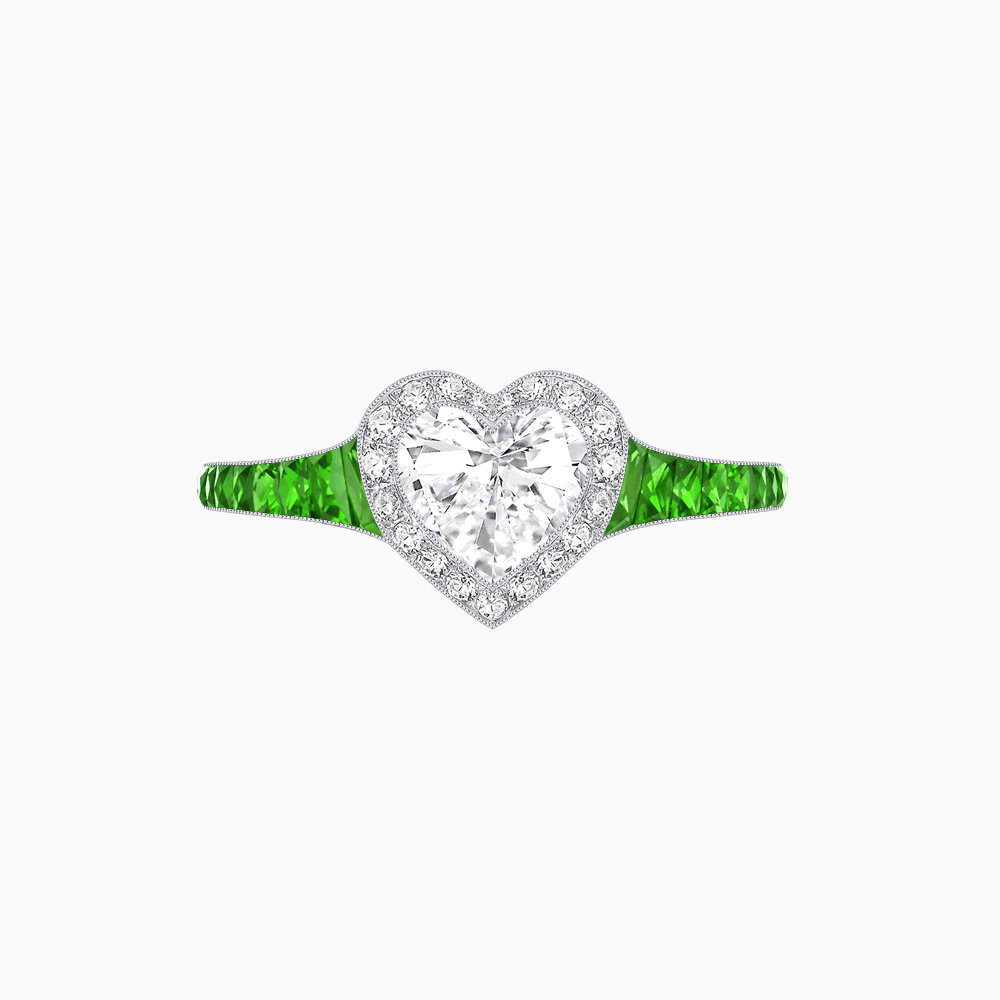 Art Deco Inspired Bezel-Set Heart Halo Ring with Calibré Gemstone Shoulders - Shahin Jewelry