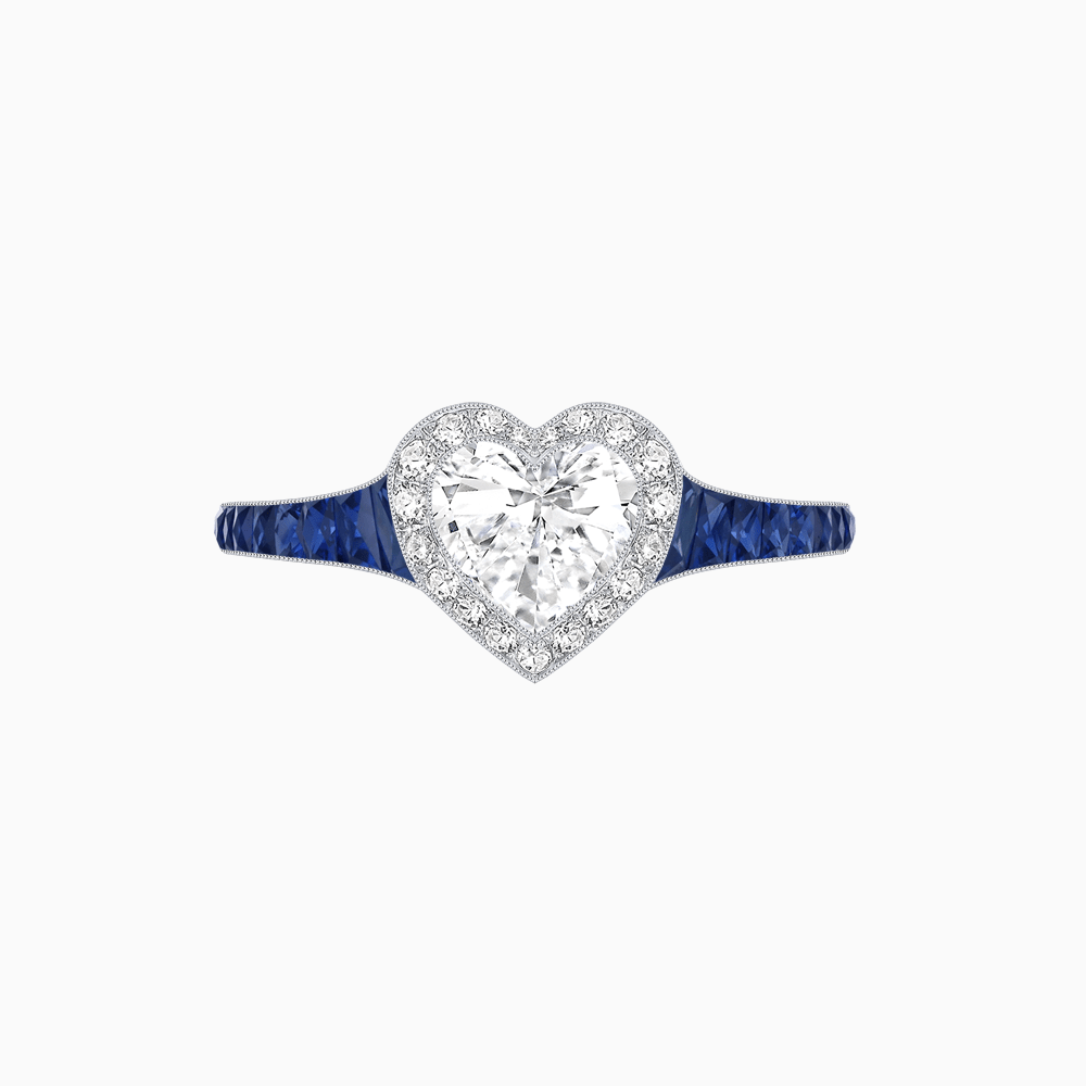 Art Deco Inspired Bezel-Set Heart Halo Ring with Calibré Gemstone Shoulders - Shahin Jewelry