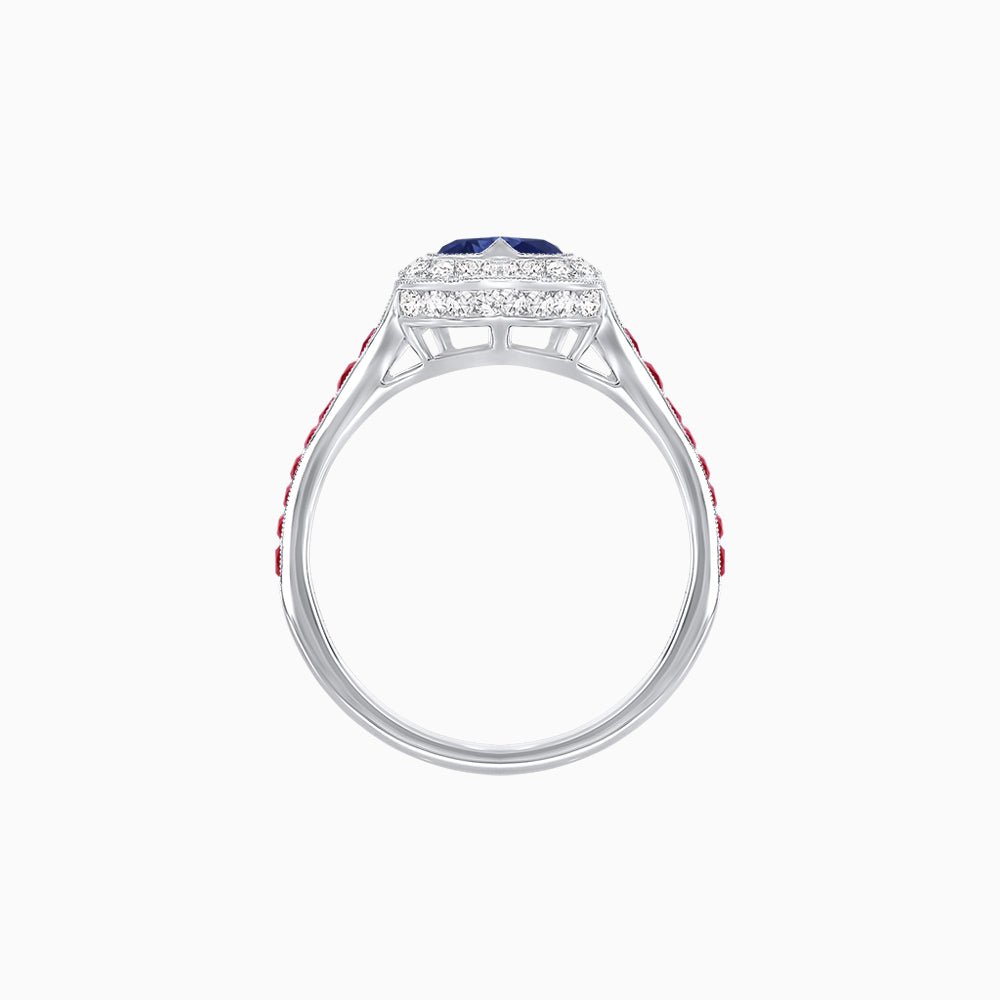 Art Deco Inspired Bezel-Set Heart Halo Ring with Calibré Gemstone Shoulders - Shahin Jewelry