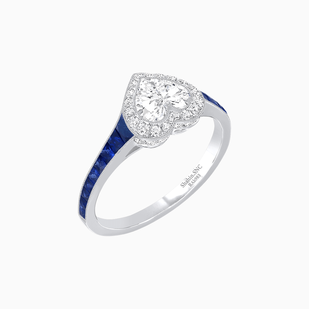 Art Deco Inspired Bezel-Set Heart Halo Ring with Calibré Gemstone Shoulders - Shahin Jewelry