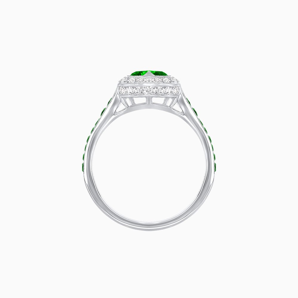 Art Deco Inspired Bezel-Set Heart Halo Ring with Calibré Gemstone Shoulders - Shahin Jewelry