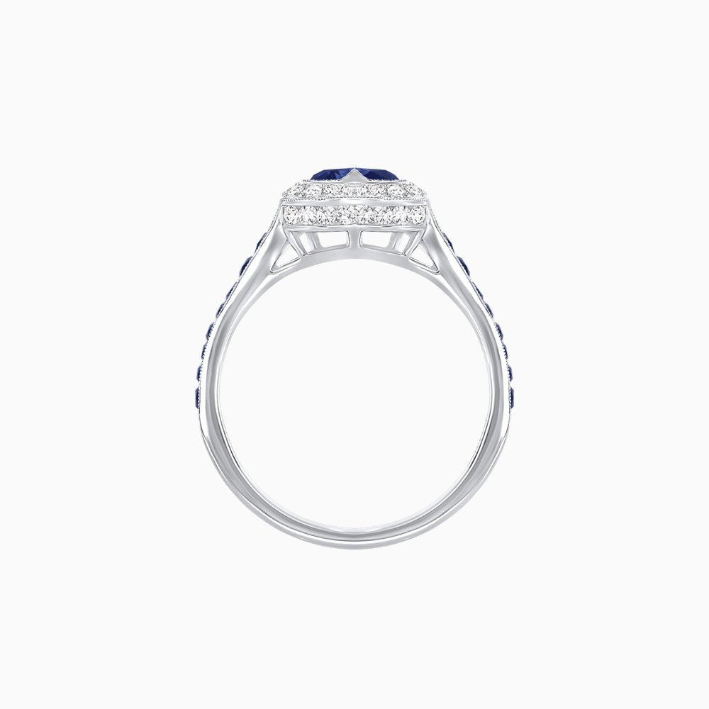 Art Deco Inspired Bezel-Set Heart Halo Ring with Calibré Gemstone Shoulders - Shahin Jewelry