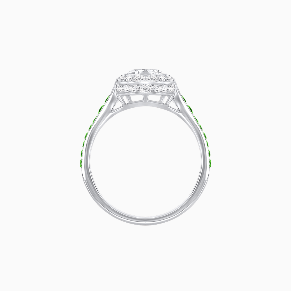 Art Deco Inspired Bezel-Set Heart Halo Ring with Calibré Gemstone Shoulders - Shahin Jewelry