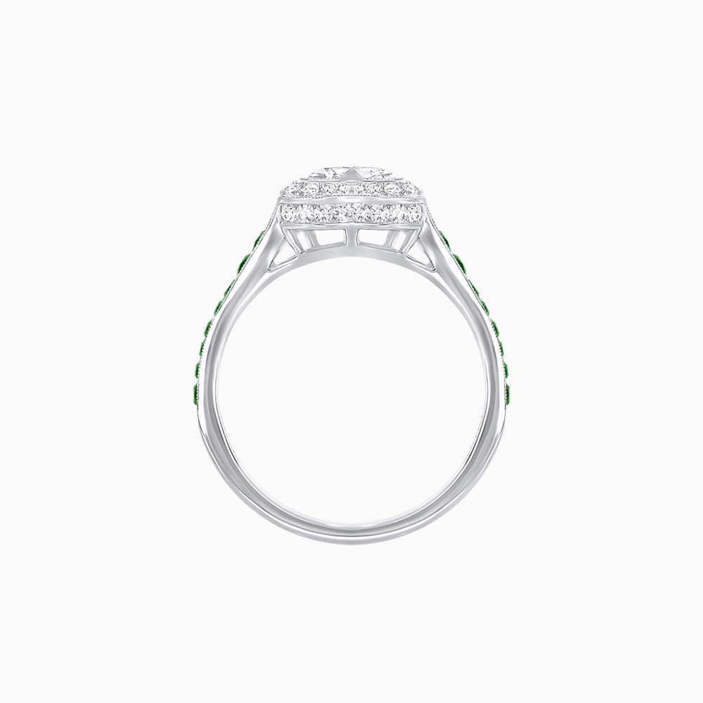 Art Deco Inspired Bezel-Set Heart Halo Ring with Calibré Gemstone Shoulders - Shahin Jewelry