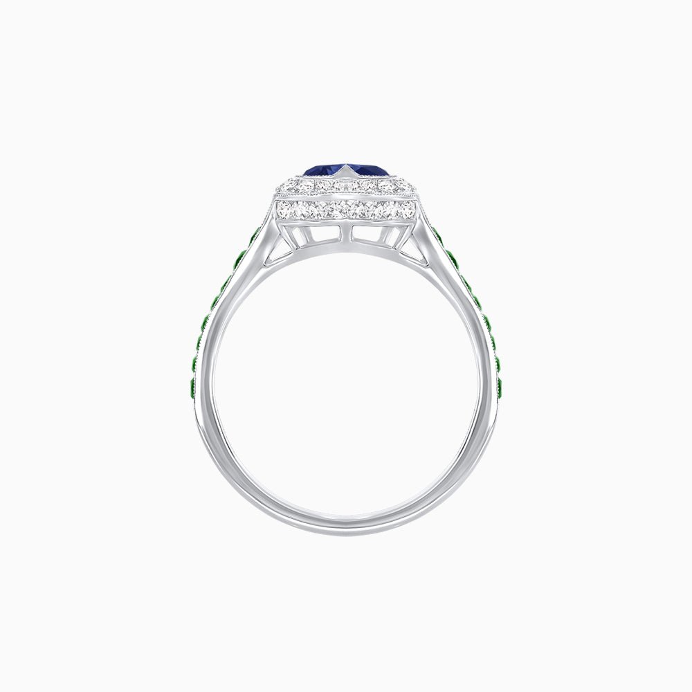 Art Deco Inspired Bezel-Set Heart Halo Ring with Calibré Gemstone Shoulders - Shahin Jewelry