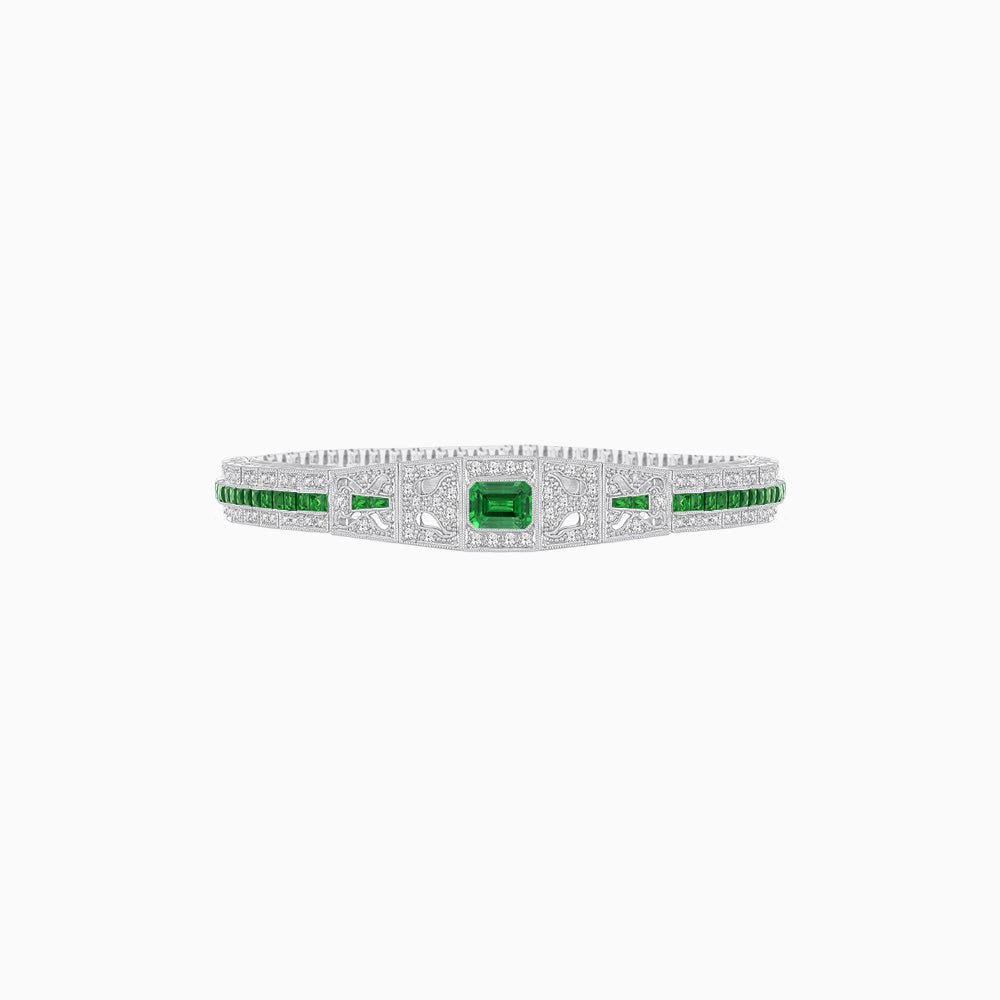 Art Deco Inspired Bracelet with Emerald Cut Center and Gemstones (Mounting) - Shahin Jewelry