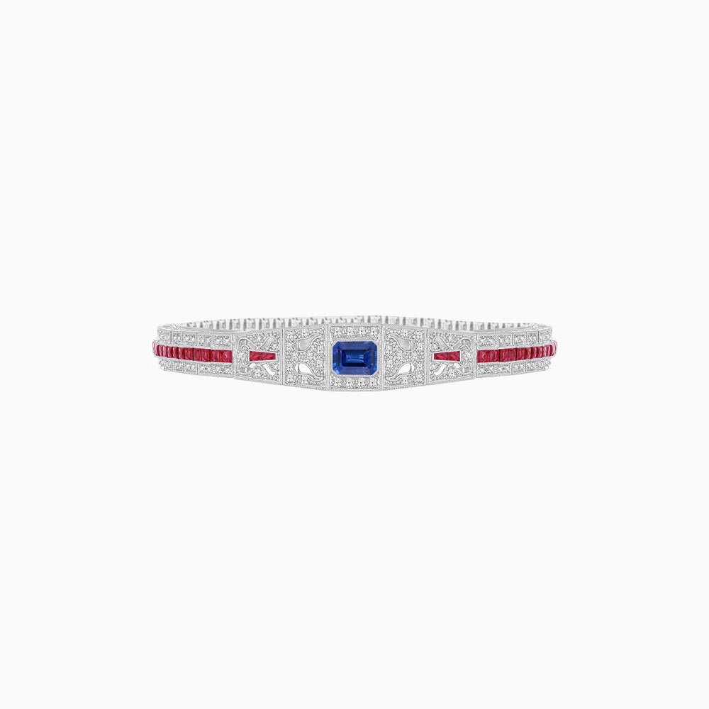 Art Deco Inspired Bracelet with Emerald Cut Center and Gemstones (Mounting) - Shahin Jewelry