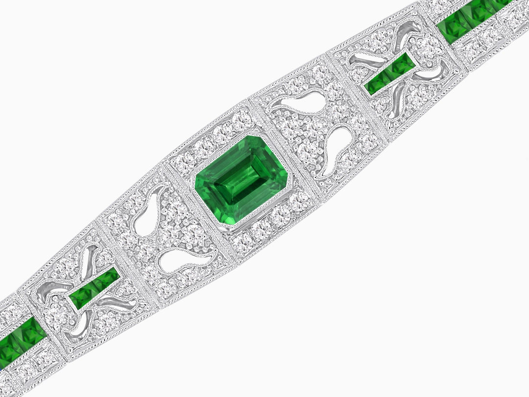 Art Deco Inspired Bracelet with Emerald Cut Center and Gemstones (Mounting) - Shahin Jewelry