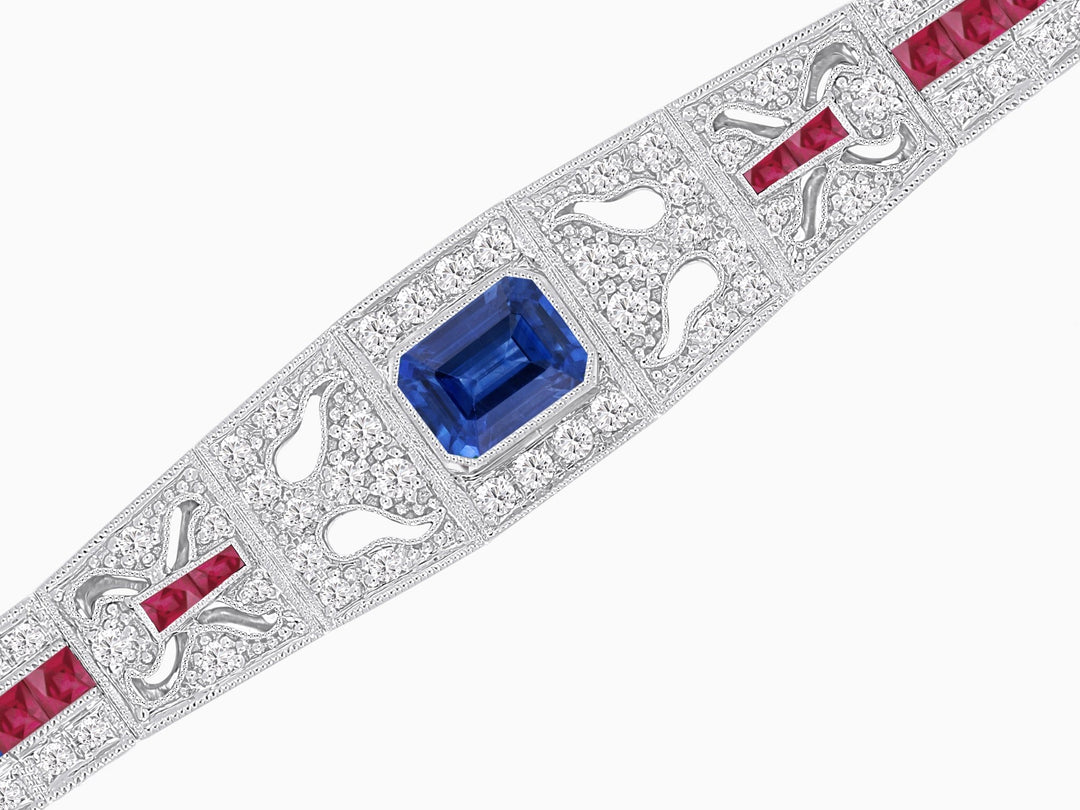 Art Deco Inspired Bracelet with Emerald Cut Center and Gemstones (Mounting) - Shahin Jewelry