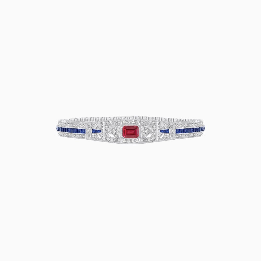 Art Deco Inspired Bracelet with Emerald Cut Center and Gemstones (Mounting) - Shahin Jewelry