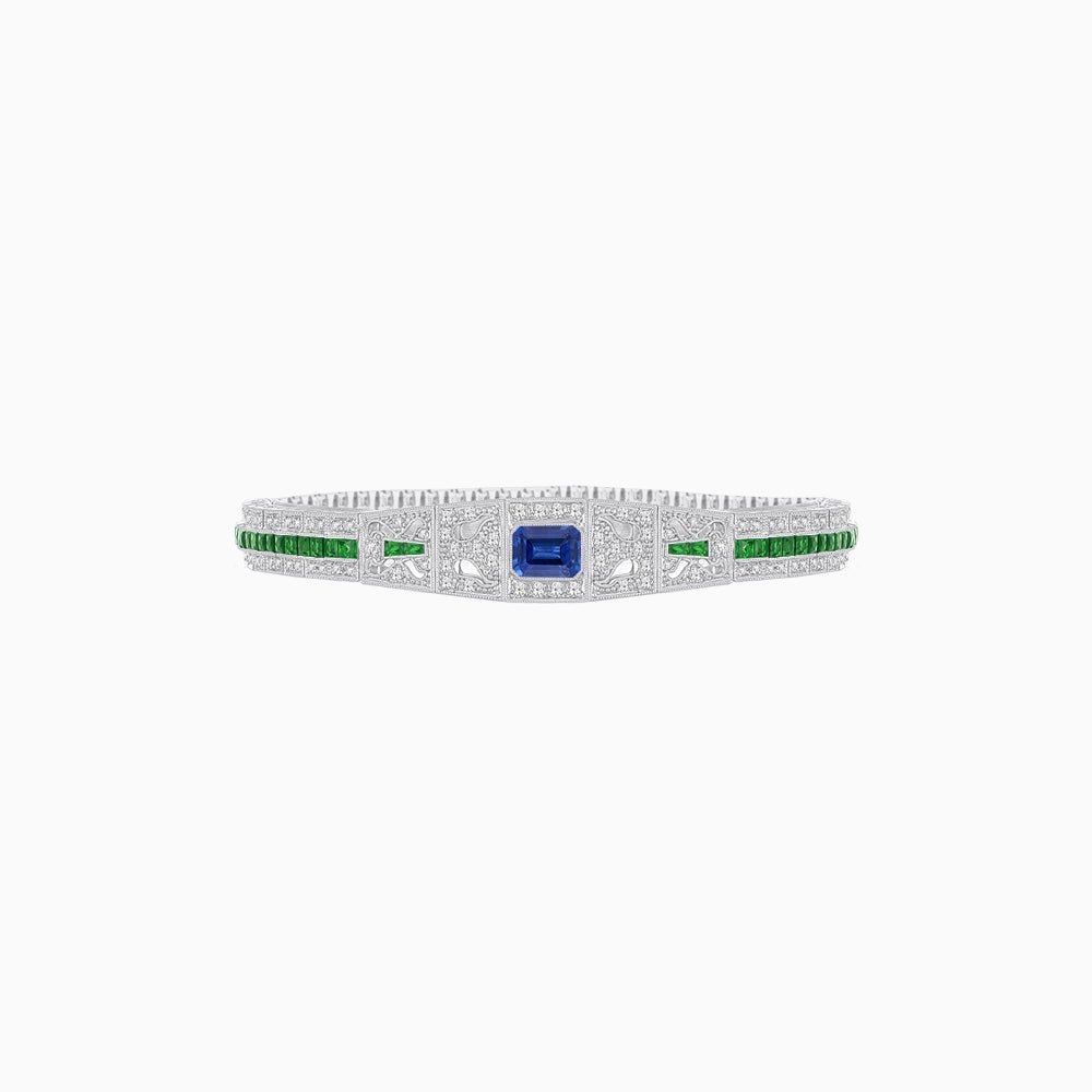 Art Deco Inspired Bracelet with Emerald Cut Center and Gemstones (Mounting) - Shahin Jewelry