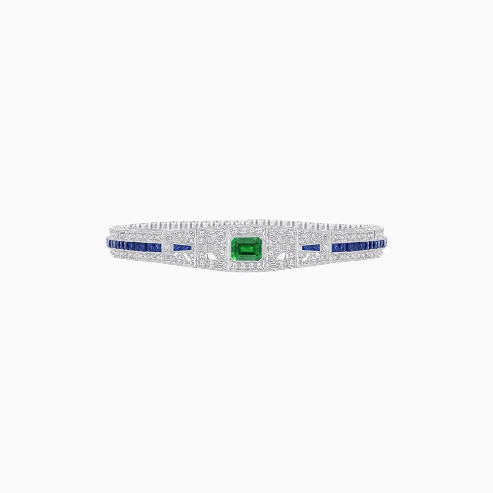 Art Deco Inspired Bracelet with Emerald Cut Center and Gemstones (Mounting) - Shahin Jewelry